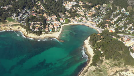 Aerial-view-of-the-mediterranean-blue-coast-calanque-des-tamaris-camping